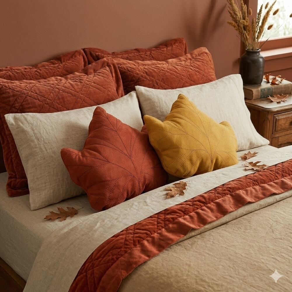 NOVOGRATZ Fall Leaf Shaped Pillows Set of 2 Rust & Gold Autumn Harvest Decor